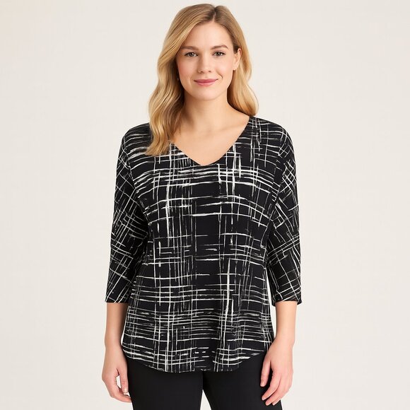 Chico’s Easy Wear Black & White Abstract Print 3/4 Sleeve V-Neck Top Size 8 - Picture 1 of 8